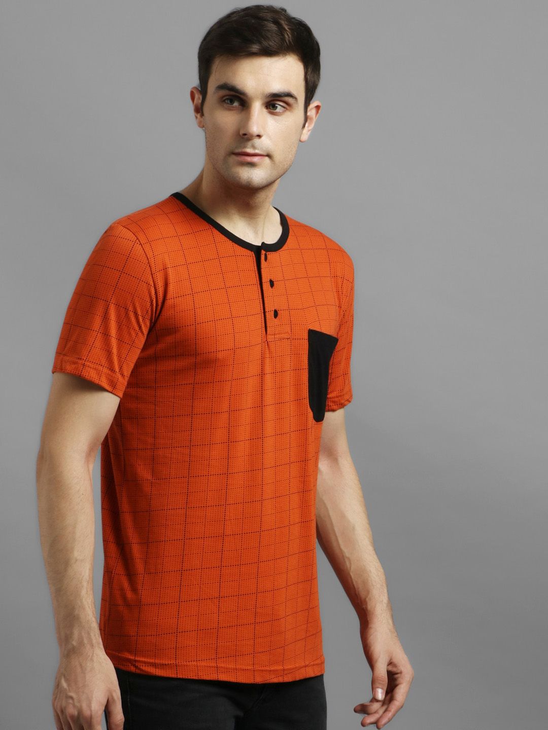 Kotty Men Orange Checked Henley Neck T-shirt