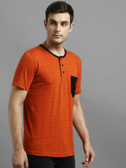 Kotty Men Orange Checked Henley Neck T-shirt