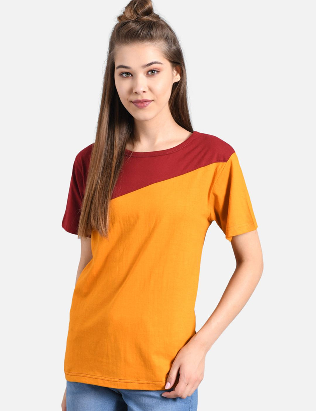Kotty Women Yellow & Red Colourblocked Round Neck T-shirt