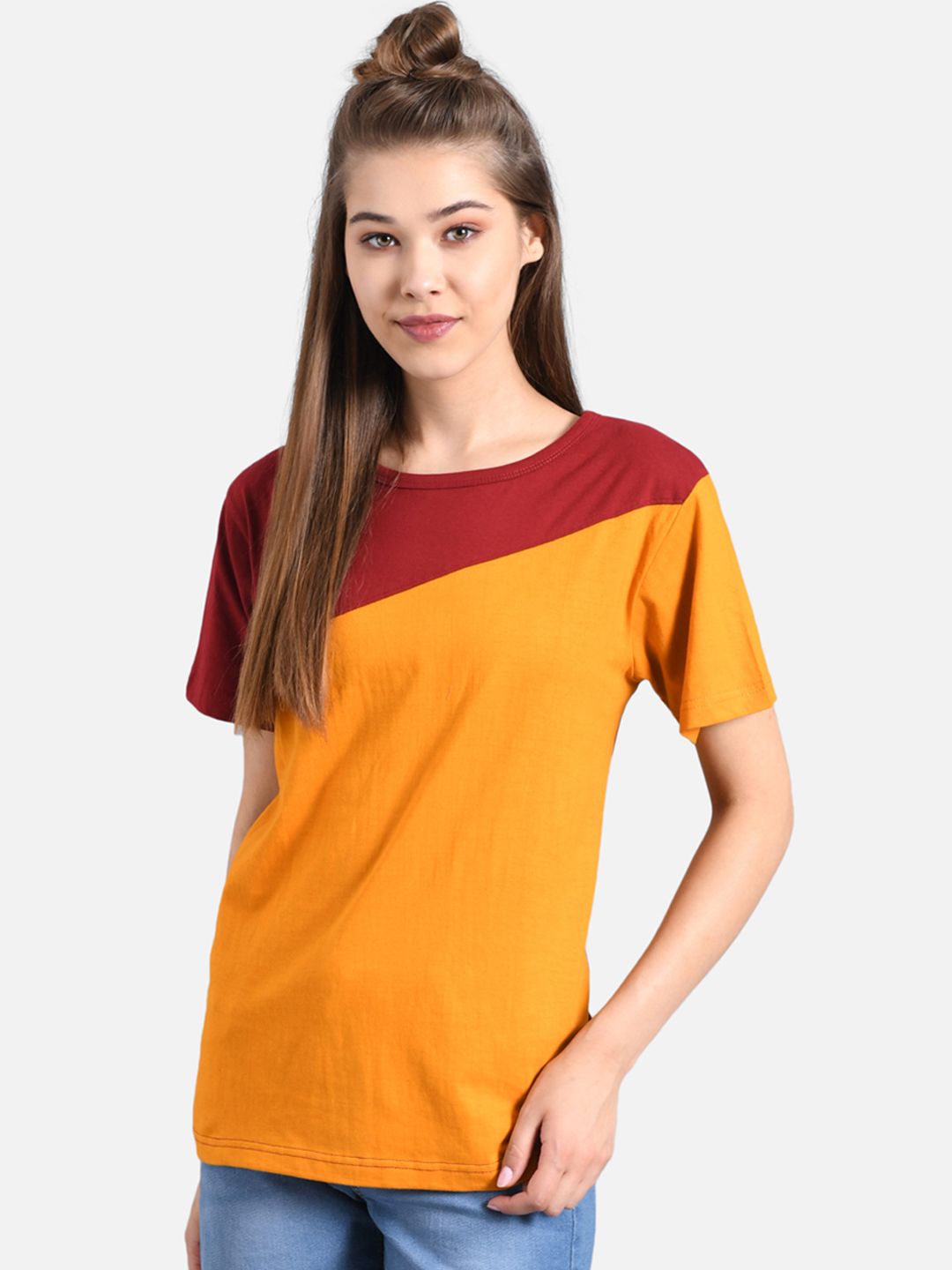 Kotty Women Yellow & Red Colourblocked Round Neck T-shirt