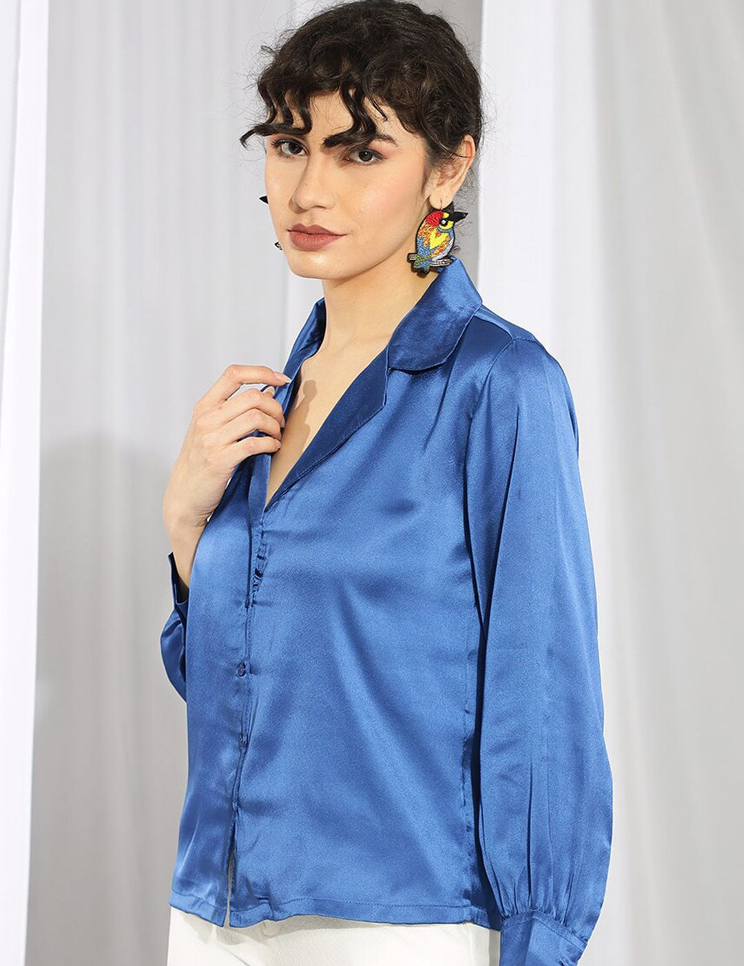 KOTTY BIZwear Blue Relaxed Cuban Collar Satin Casual Shirt