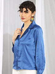 KOTTY BIZwear Blue Relaxed Cuban Collar Satin Casual Shirt