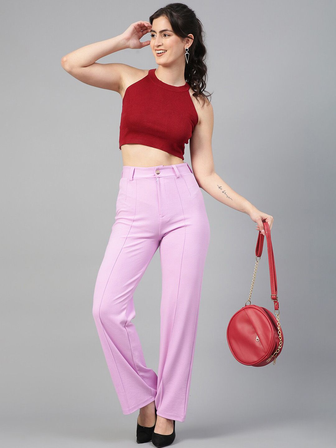 Kotty Women Relaxed Straight Fit High-Rise Easy Wash Parallel Trousers