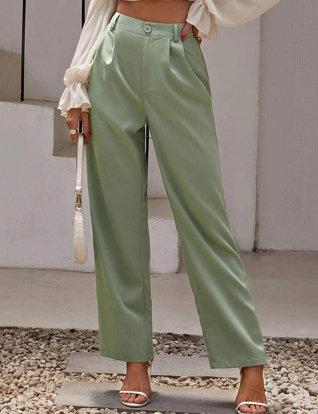 KOTTY BIZwear Women Green Relaxed Straight Fit High-Rise Easy Wash Pleated Trousers