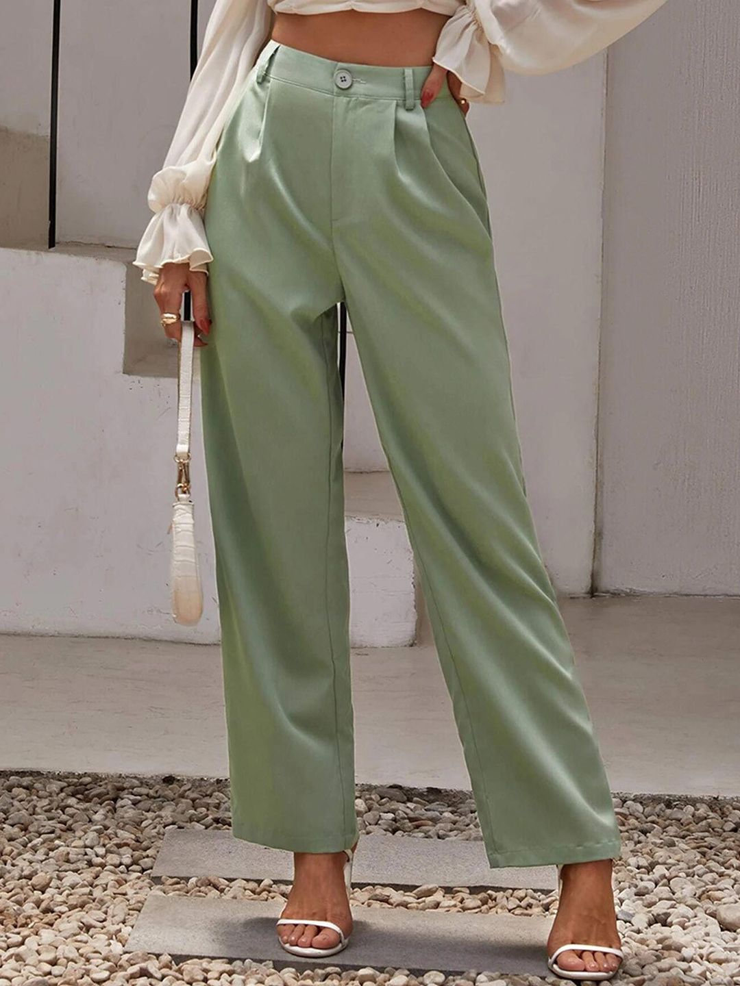 KOTTY BIZwear Women Green Relaxed Straight Fit High-Rise Easy Wash Pleated Trousers