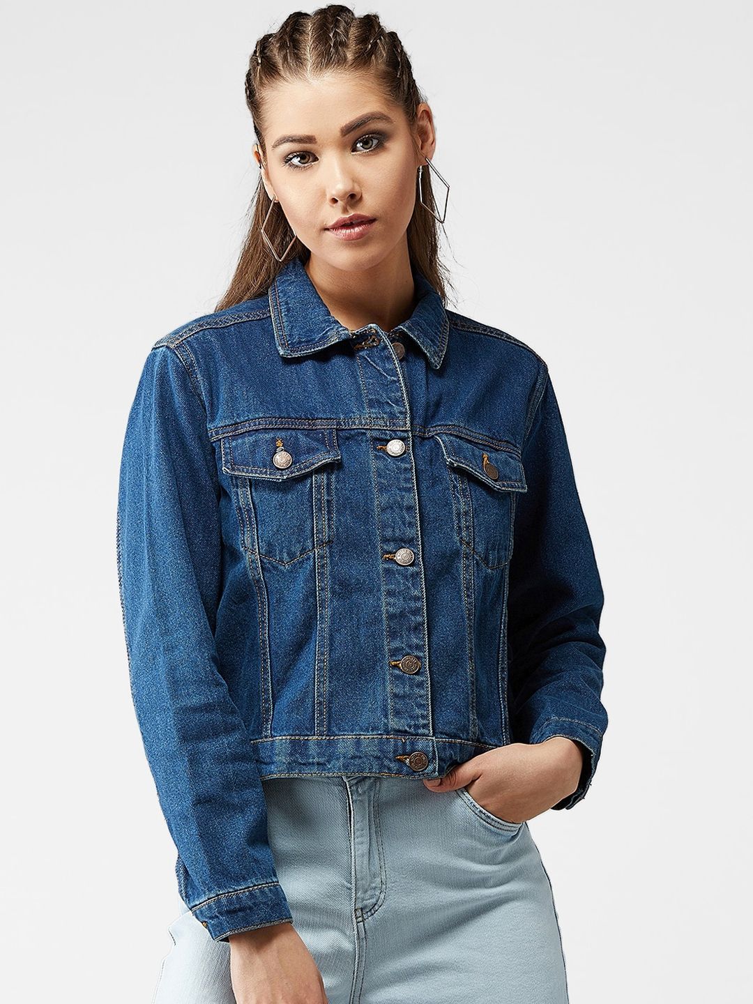 Kotty Women Navy Blue Solid Denim Jacket