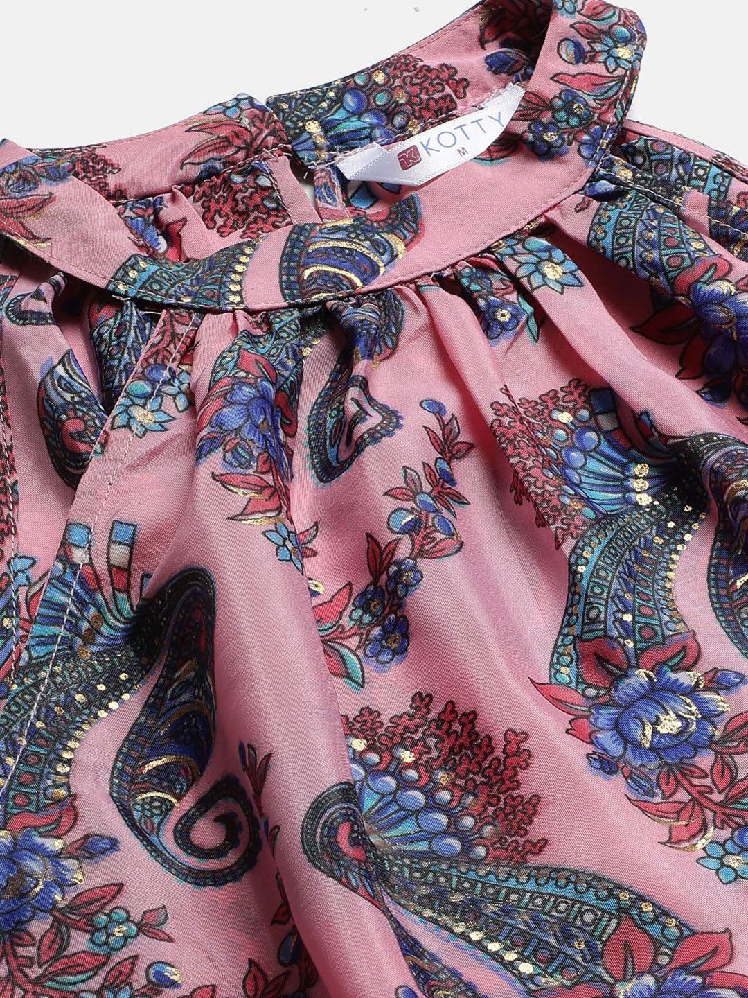 Kotty Pink And Blue Paisley Printed Choker Neck Tiered Fit & Flare Midi Dress