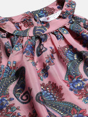 Kotty Pink And Blue Paisley Printed Choker Neck Tiered Fit & Flare Midi Dress