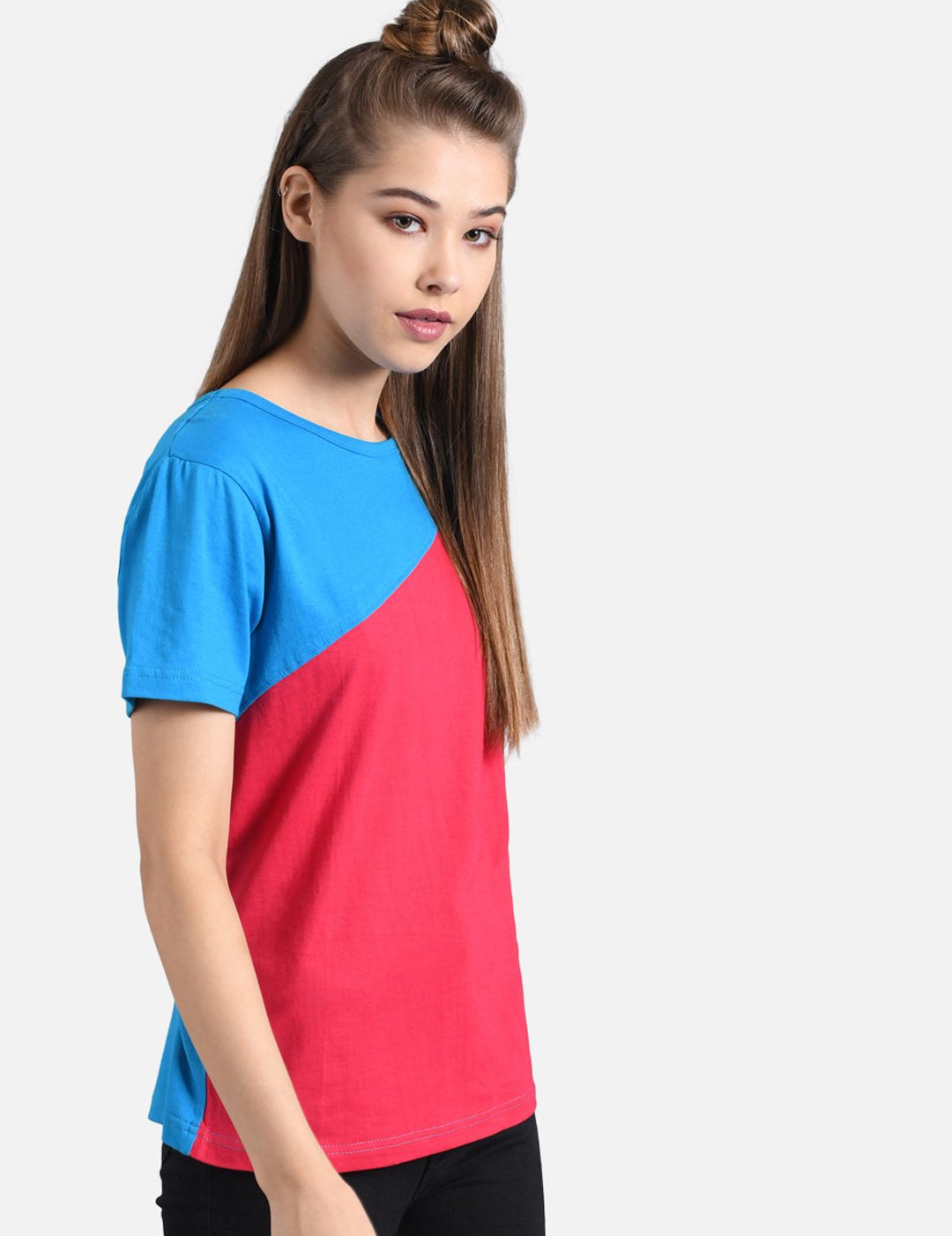 Kotty Women Blue Colourblocked Round Neck T-shirt