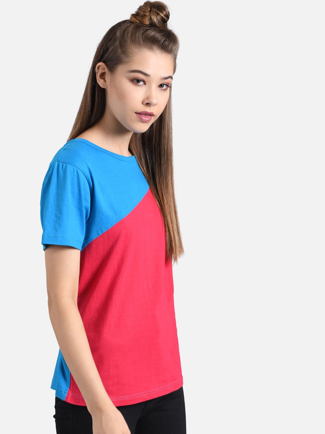Kotty Women Blue Colourblocked Round Neck T-shirt