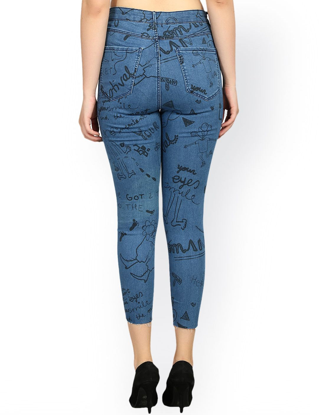 Kotty Women Blue Skinny Fit High-Rise Slash Knee Printed Stretchable Jeans