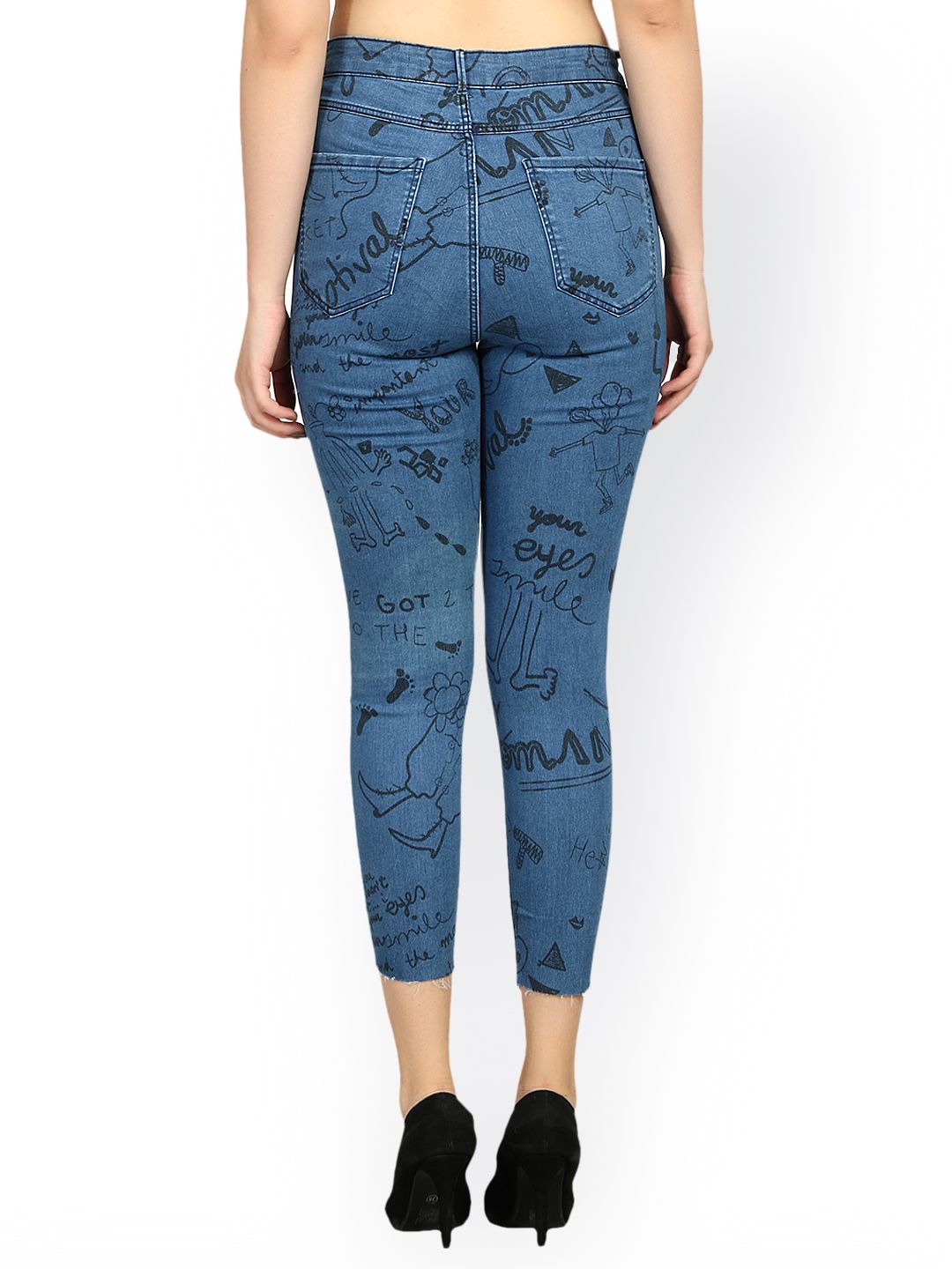 Kotty Women Blue Skinny Fit High-Rise Slash Knee Printed Stretchable Jeans