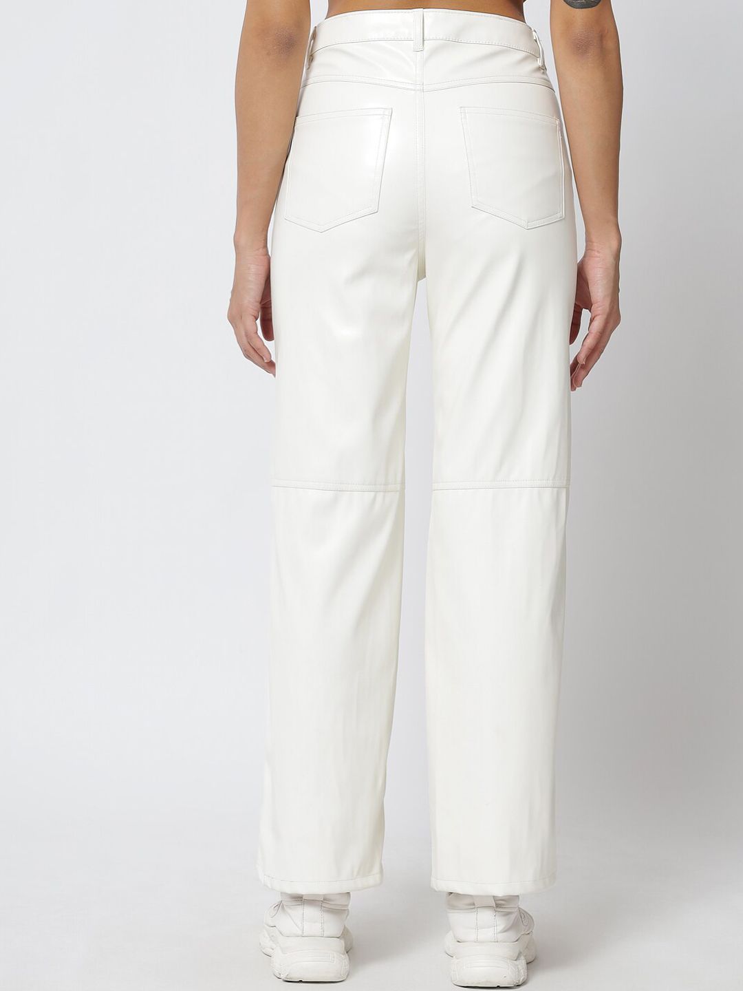 Kotty Women White Relaxed Straight Fit Faux Leather Trouser