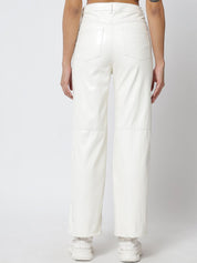 Kotty Women White Relaxed Straight Fit Faux Leather Trouser