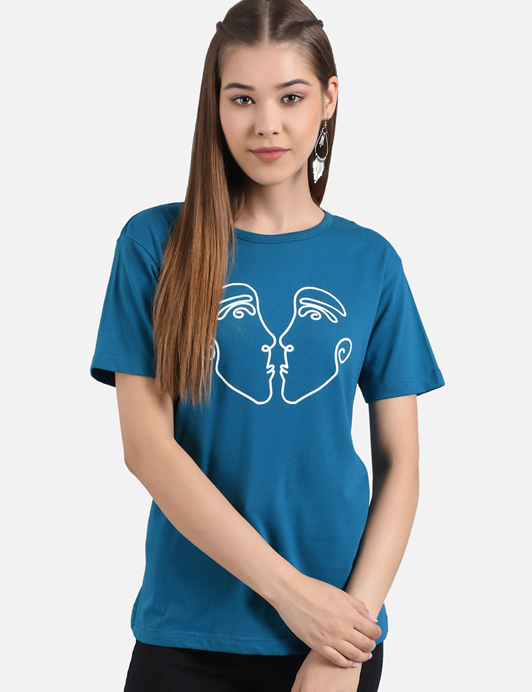Kotty Women Blue Printed Round Neck T-shirt