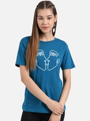 Kotty Women Blue Printed Round Neck T-shirt