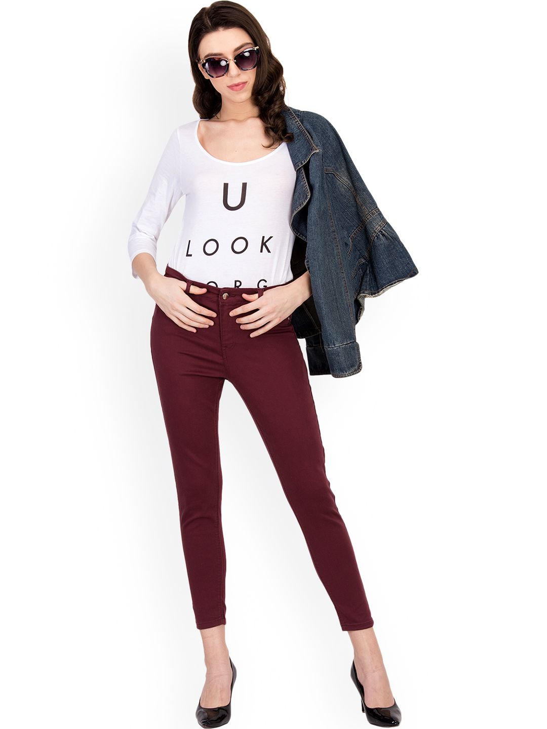 Kotty Women Maroon Skinny Fit High-Rise Clean Look Stretchable Jeans
