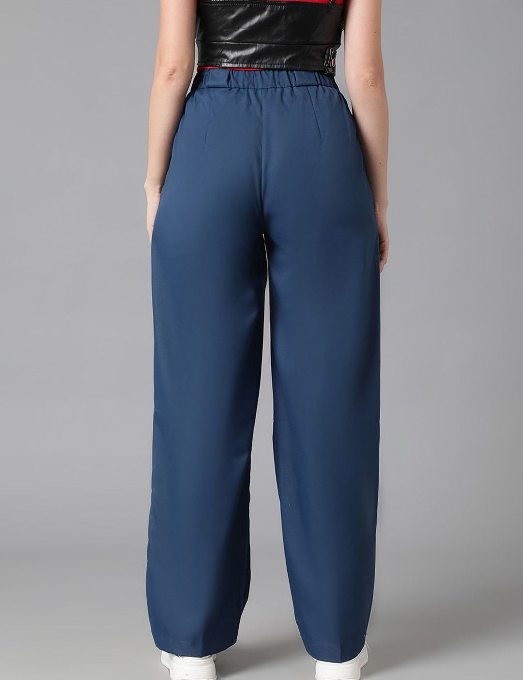 KOTTY BIZwear Women Blue Straight Fit High-Rise Easy Wash Cotton Regular Trousers