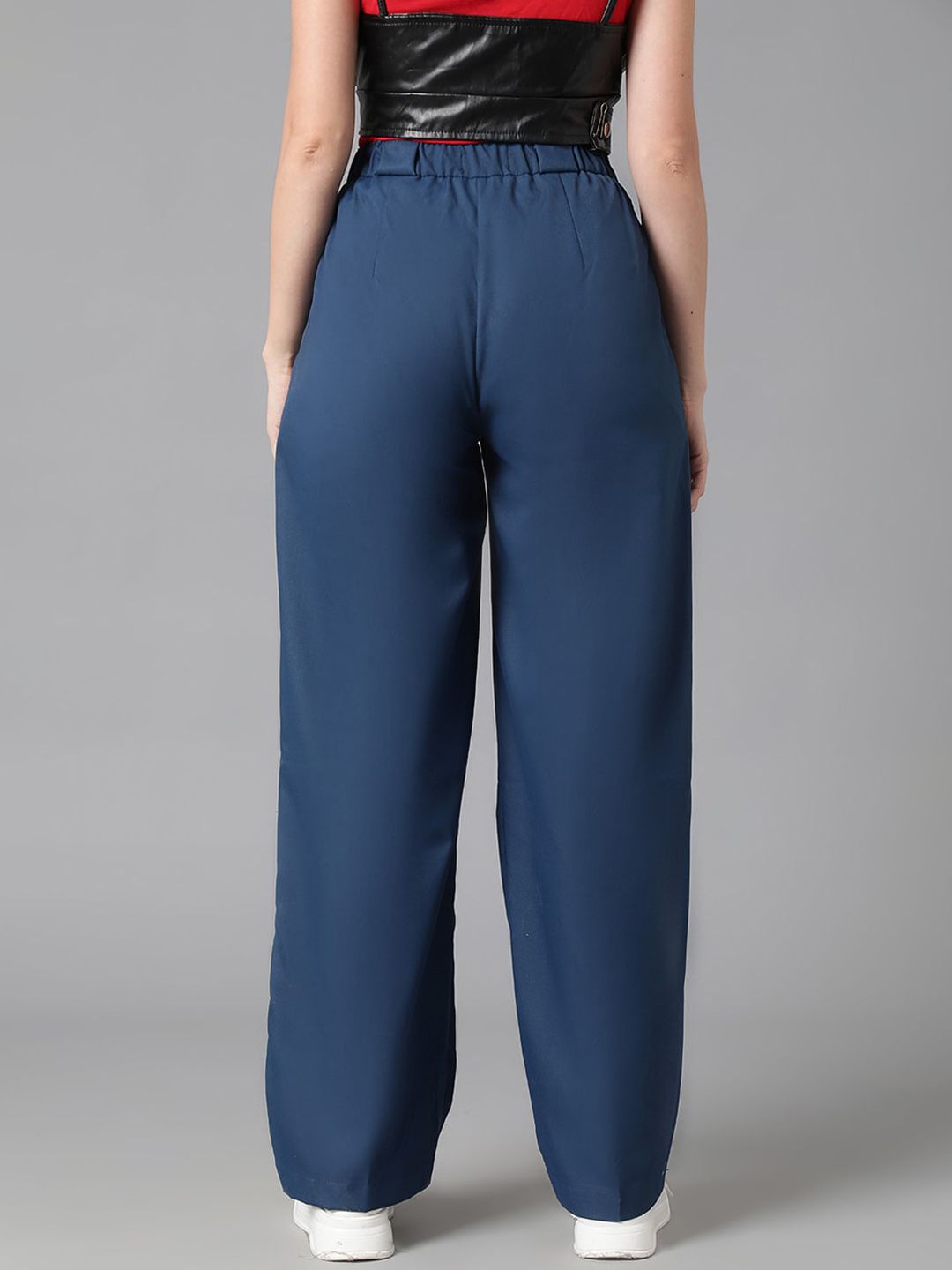 KOTTY BIZwear Women Blue Straight Fit High-Rise Easy Wash Cotton Regular Trousers