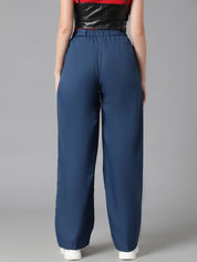 KOTTY BIZwear Women Blue Straight Fit High-Rise Easy Wash Cotton Regular Trousers