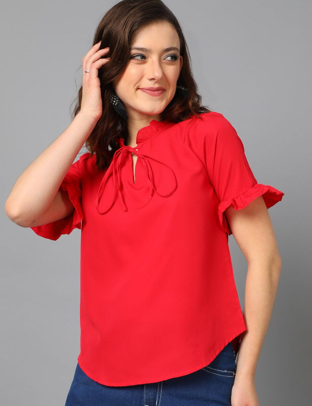 Kotty Red Tie-Up Neck Bell Sleeve Crepe Top