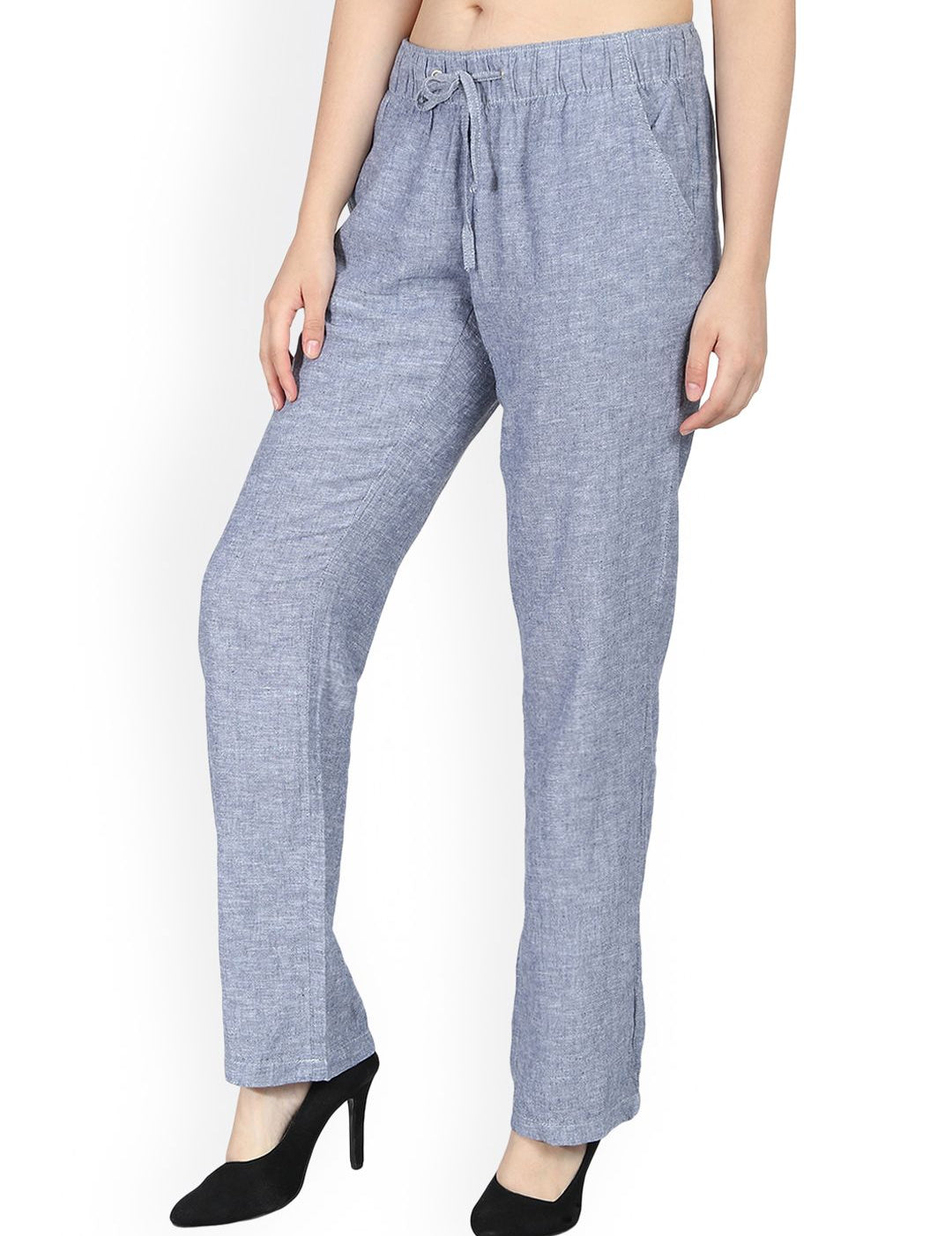 Kotty Women Blue Regular Fit Solid Linen Regular Trousers