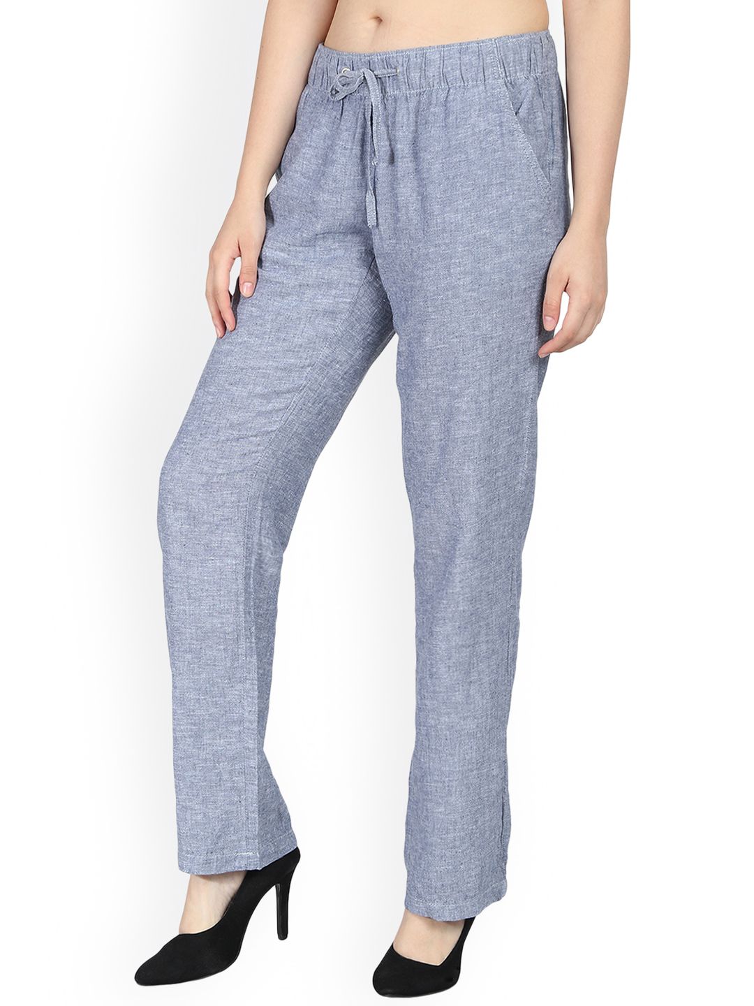 Kotty Women Blue Regular Fit Solid Linen Regular Trousers