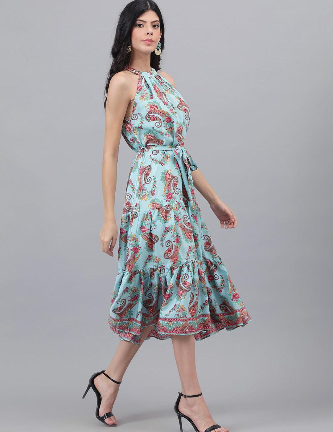 Kotty Turquoise Blue And Maroon Paisley Printed Halter Neck Tiered Fit & Flare Midi Dress