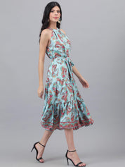Kotty Turquoise Blue And Maroon Paisley Printed Halter Neck Tiered Fit & Flare Midi Dress