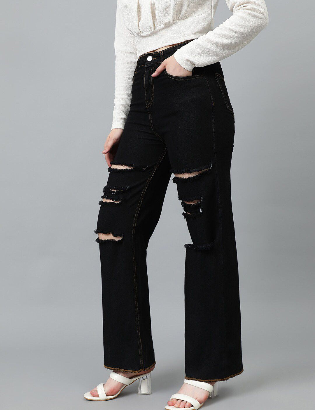 Kotty Women Black Jean Straight Fit High-Rise Highly Distressed Stretchable Jeans