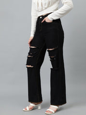 Kotty Women Black Jean Straight Fit High-Rise Highly Distressed Stretchable Jeans