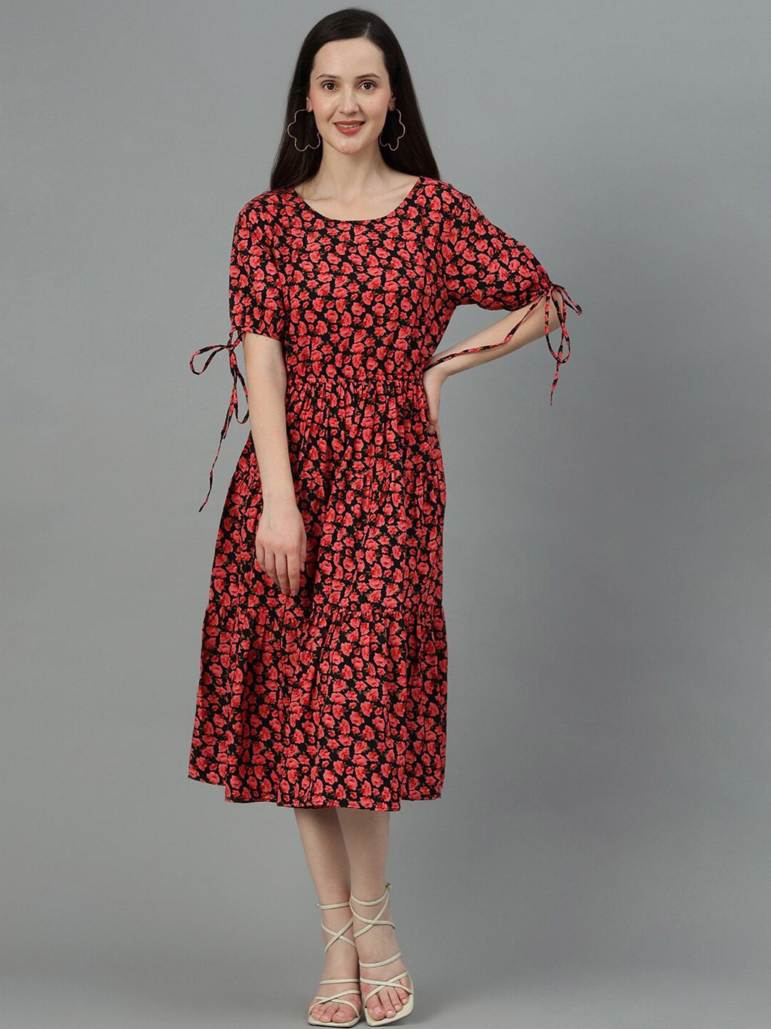 Kotty Black & Red Floral Printed Crepe Tiered Fit & Flare Midi Dress