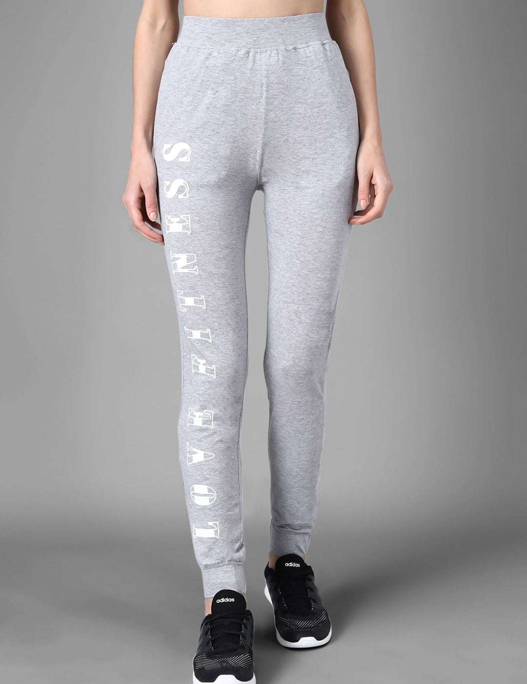 Kotty Women Grey Melange & White Printed Joggers
