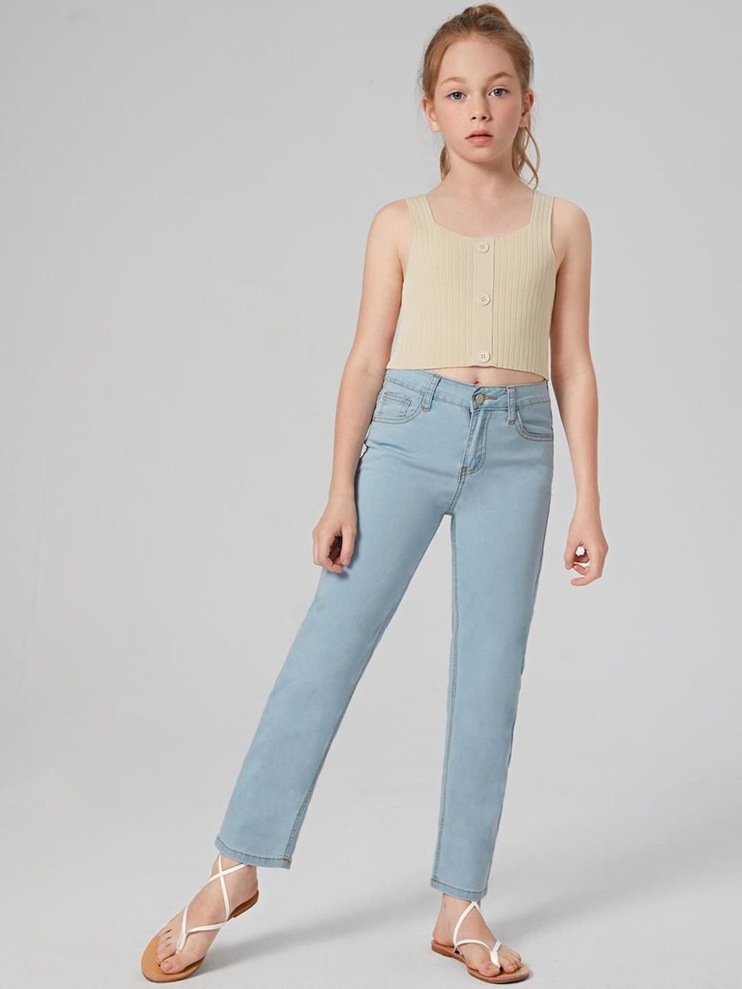 Kotty Girls Jean Blue Mid-Rise Clean Look Stretchable Cropped Jeans