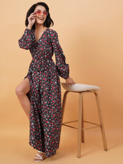 Kotty Black & Red Floral Printed V Neck Puff Sleeves Crepe A Line Maxi Dress