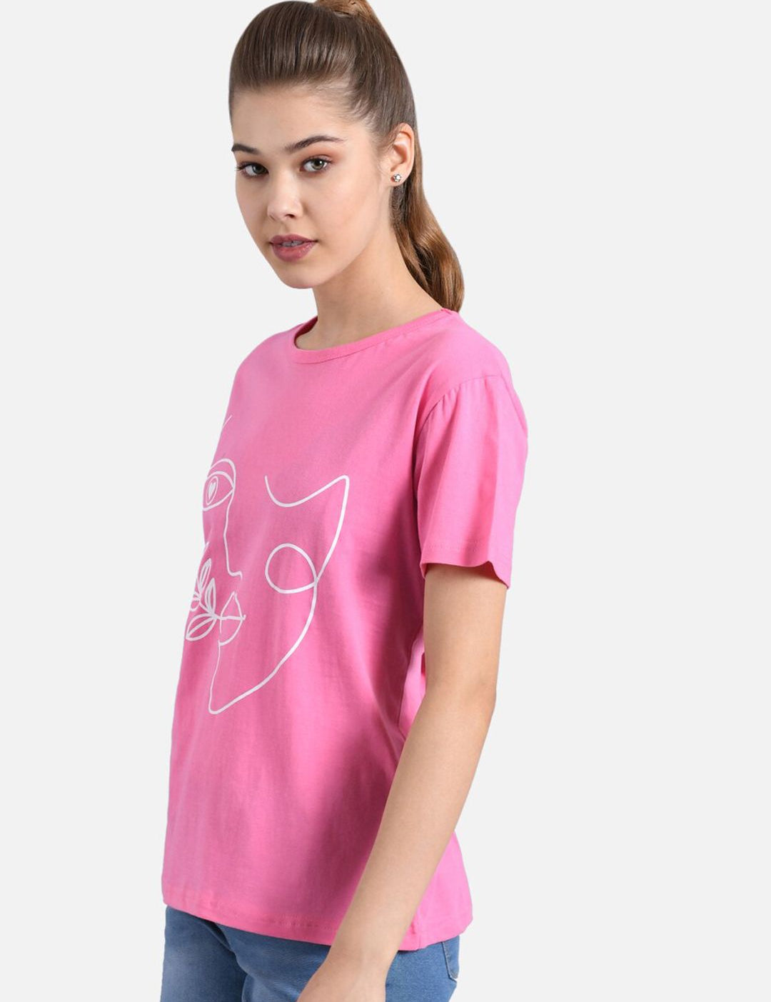 Kotty Women Pink & White Printed Round Neck T-shirt