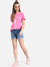 Kotty Women Pink & White Printed Round Neck T-shirt