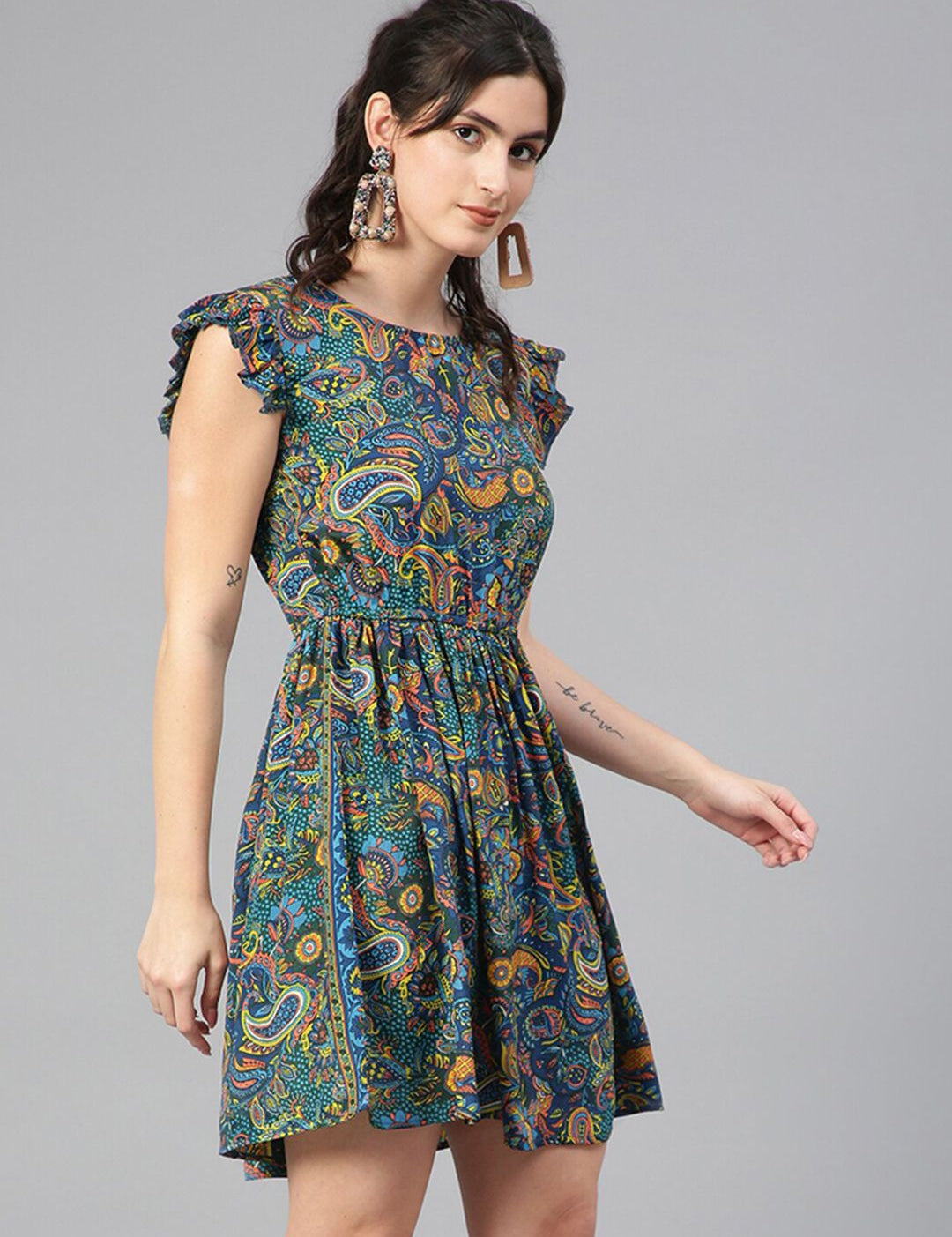 Kotty Floral Printed Flutter Sleeves Fit & Flare Dress