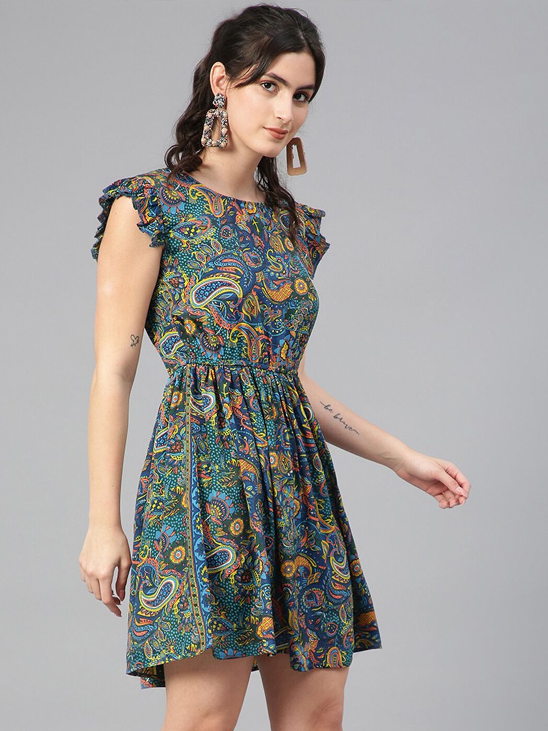 Kotty Floral Printed Flutter Sleeves Fit & Flare Dress