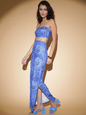 Kotty Blue Printed Strapless Top With Skirts