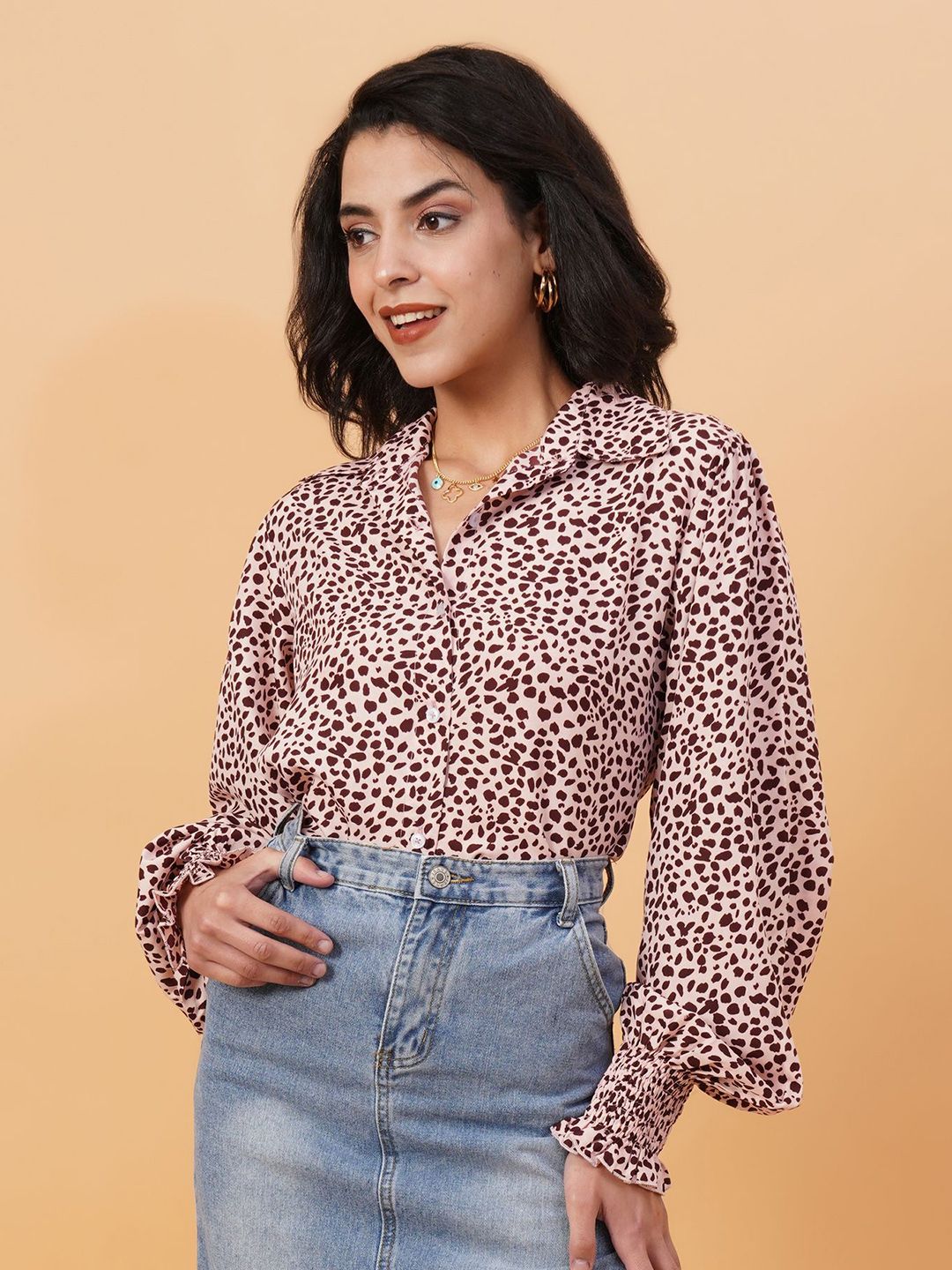 Kotty Pink & Brown Animal Printed Spread Collar Puff Sleeves Crepe Casual Shirt