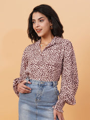 Kotty Pink & Brown Animal Printed Spread Collar Puff Sleeves Crepe Casual Shirt