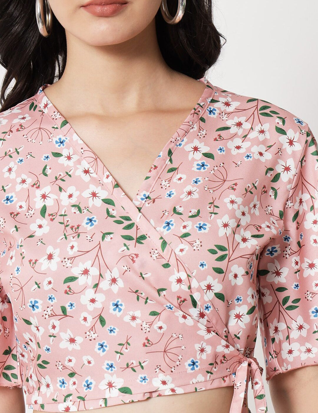 Kotty Floral Printed Flared Sleeves Wrap Crop Top