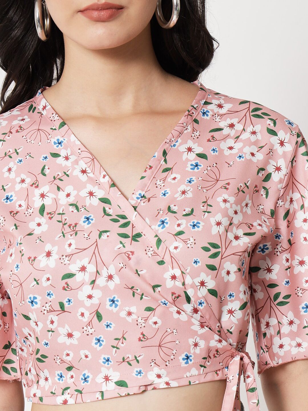 Kotty Floral Printed Flared Sleeves Wrap Crop Top