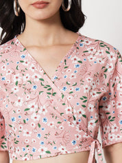 Kotty Floral Printed Flared Sleeves Wrap Crop Top