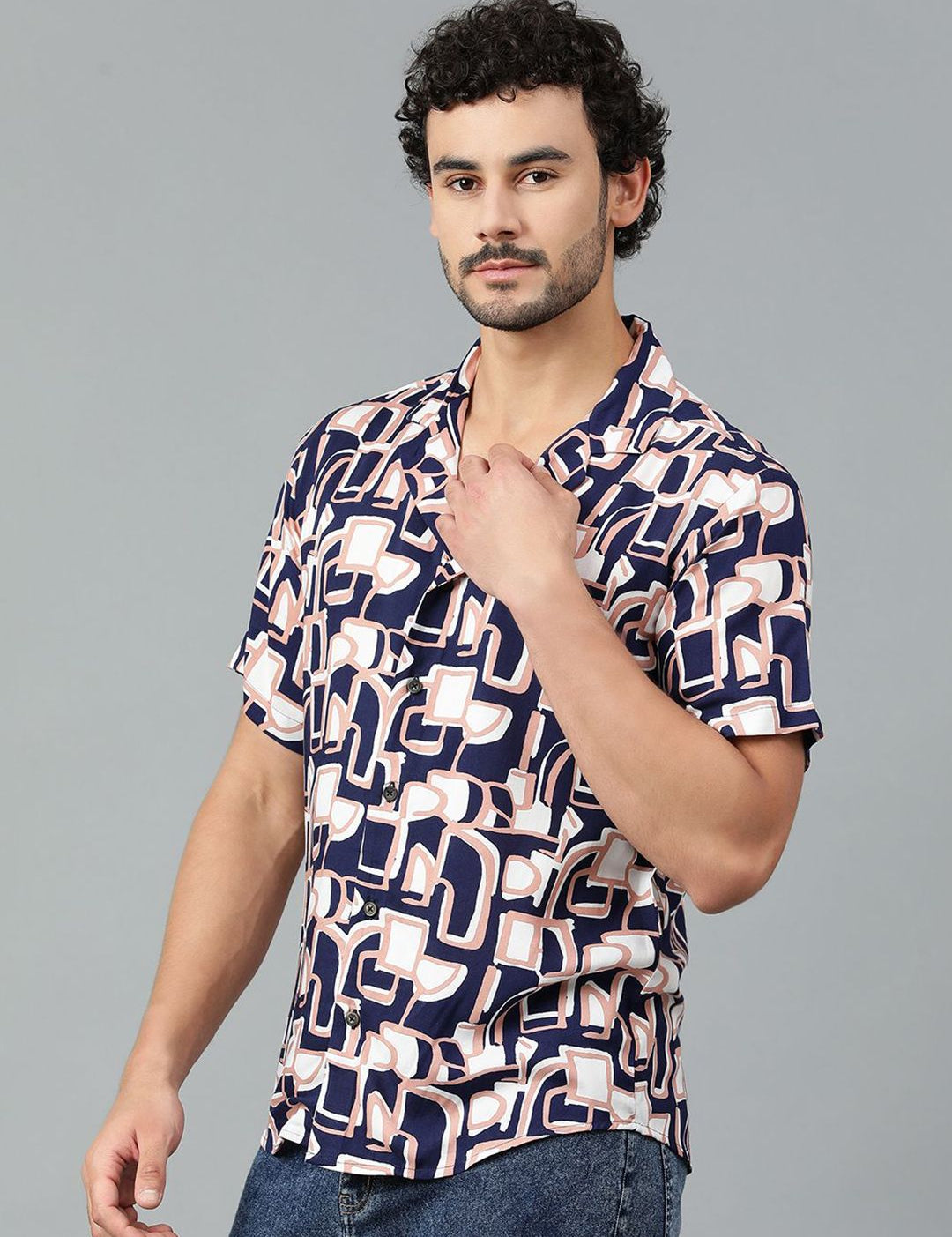 Kotty Men Cuban Collar Abstract Printed Casual Shirt