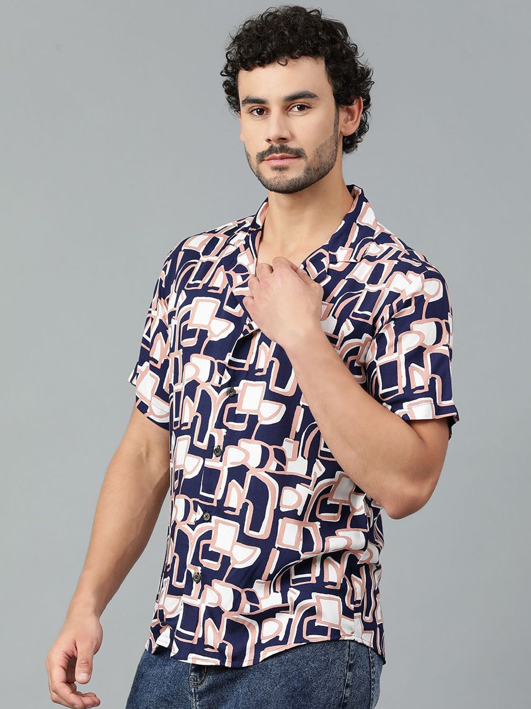 Kotty Men Cuban Collar Abstract Printed Casual Shirt