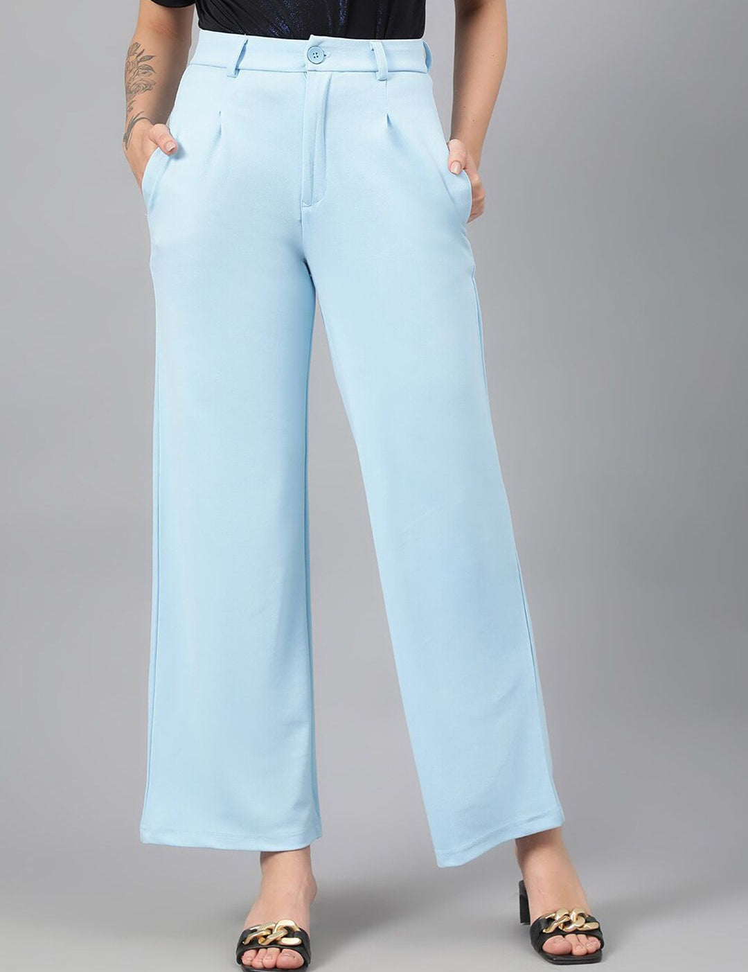 KOTTY BIZwear Women Blue Relaxed Straight Leg Fit High-Rise Easy Wash Parallel Trousers