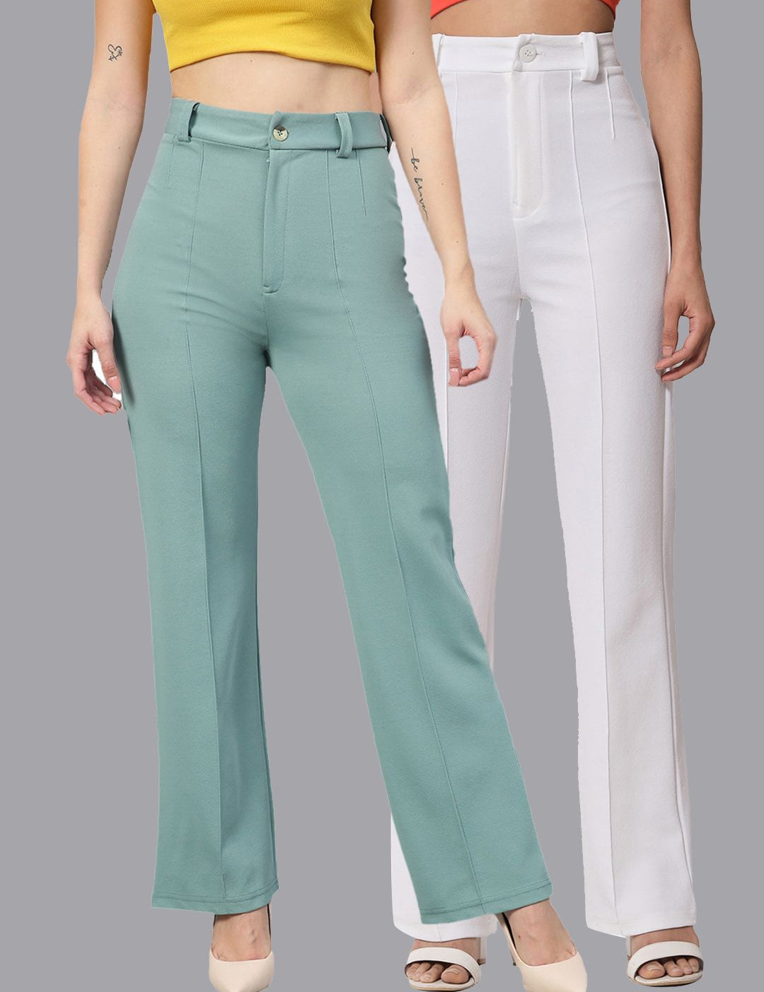 Kotty Women Pack Of 2 Relaxed Straight Leg Fit High-Rise Easy Wash Trousers