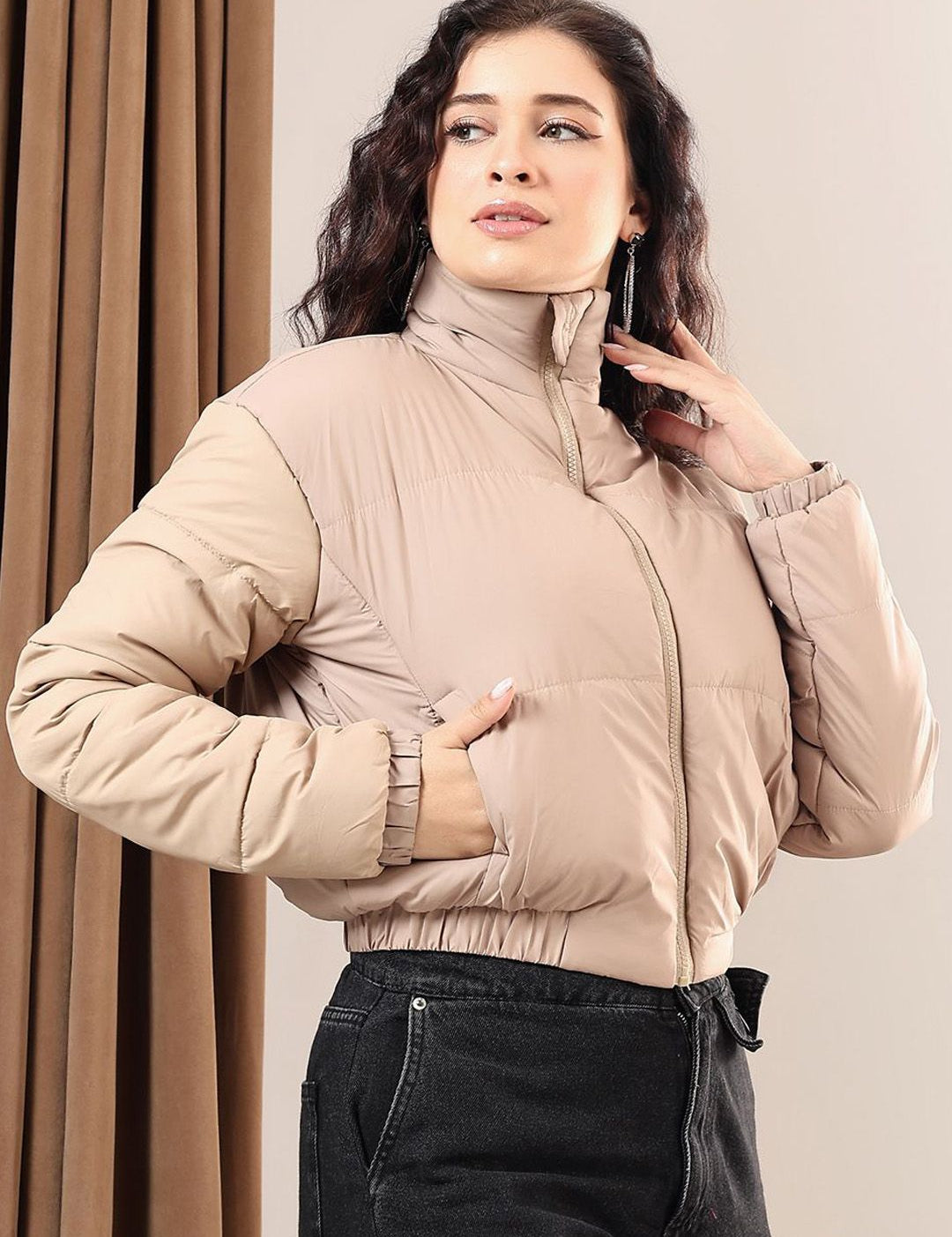 Kotty Women Mock Collar Solid Casual Puffer Insulator Jacket